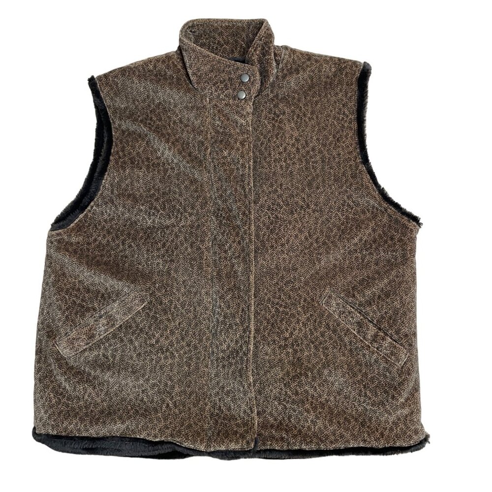JONES NEW YORK VEST FULL ZIP FAUX FUR LINED WOMENS L ANIMAL PRINT POCKETS ARTSY